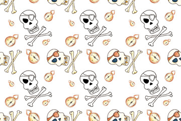 Jolly Roger with eyepatch logo template. Evil skull watercolor illustration. Seamless pattern on white background