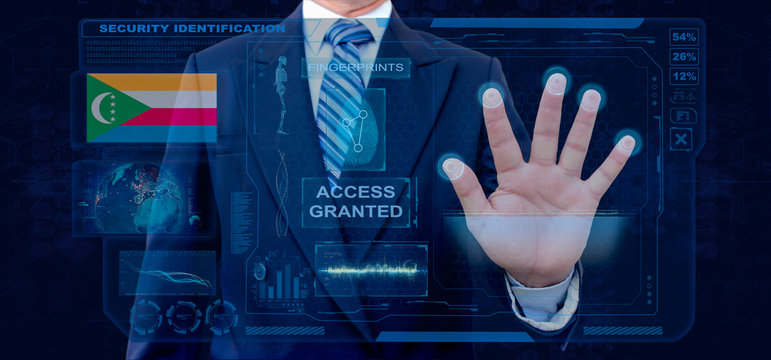 Finger Print Biometric Scanning Identification System. Businessman scan fingerprint biometric identity and approval. Comoros Nationality - Powered by Adobe