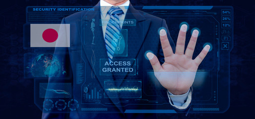 Finger Print Biometric Scanning Identification System. Businessman scan fingerprint biometric identity and approval. Japan Nationality