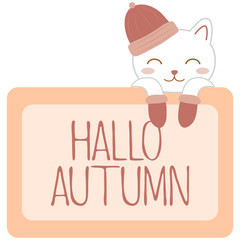 White cat in a hat with hallo autumn. Kawaii element. Soft kitty.