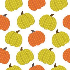 Halloween Thanksgiving Pumpkin Seamless Pattern isolated on white. Cartoon Flat style. Cute Autumn wallpaper, fashion design, t-shirt print, nursery room background. Printable flat line style