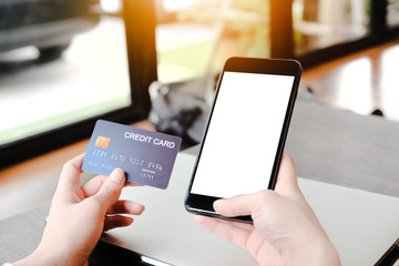 Phone blank for mockup ecommerce concept with paying money by use credit card