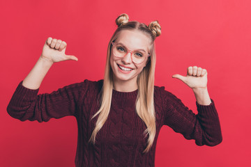 Photo of brag lady indicating fingers on herself assuring her candidature is better choice wear...