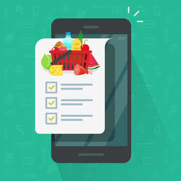 Grocery shopping list app on cellphone or smartphone vector illustration, flat cartoon mobile phone and food products list to buy with checklist or checkmarks isolated icon clipart