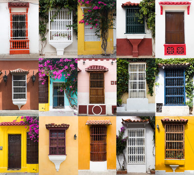 Set of typical Latin American colonial window in Cartagena, Colombia