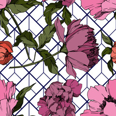 Vector Peony floral botanical flowers. Black and white engraved ink art. Seamless background pattern.