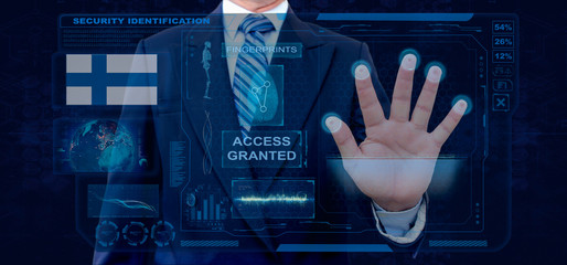 Finger Print Biometric Scanning Identification System. Businessman scan fingerprint biometric identity and approval. Finland Nationality