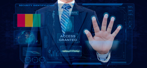 Finger Print Biometric Scanning Identification System. Businessman scan fingerprint biometric identity and approval. Guinea Nationality