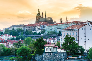 Prague castle under the sunset, one of the most famous travel destinations in Prague, Czech, view from Manes Bridge.