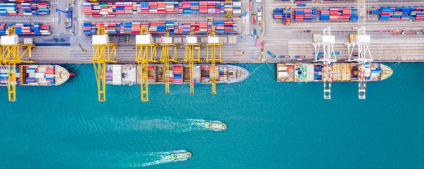 Foto op Plexiglas Top view of Deep water port with cargo ship and containers. It is an import and export cargo port where is a part of shipping dock and export products worldwide © Photo Gallery
