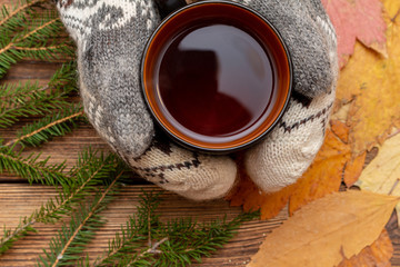 hands in mittens holding cup of tea close up on the brown brushed wooden fur pine branches background. Autumn leaves  hygge, fika, lagom, cozy, warm, relax holidays concept