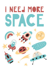 Colorful Poster for nursery scandi design with cute cosmos elements in Scandinavian style. Vector Illustration. Kids illustration for baby clothes, greeting card, wrapper. I need more space.