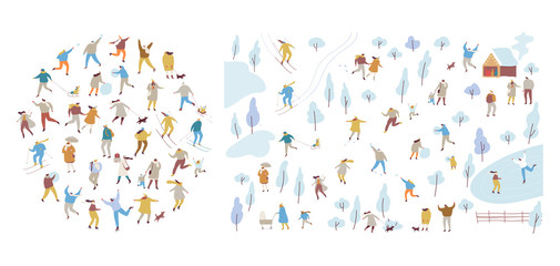 Fototapeta na wymiar Winter park with people flat vector background. Crowd of happy people in warm clothes vector set. Winter outdoor activities - skating, skiing, throwing snowballs, building snowman.