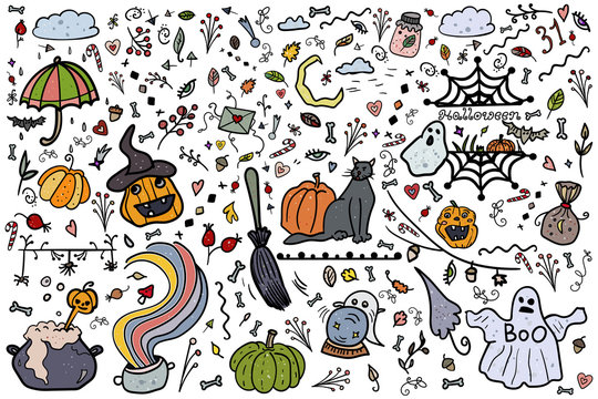 Great Halloween. Collection and set banner. Pumpkin, zombie, vampire, potion, spiderweb, horror and fear. - Vector. Vector illustration