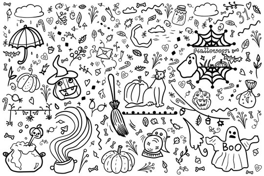 Great Halloween. Collection and set banner. Coloring page adult and kids. Pumpkin, zombie, vampire, potion, spiderweb, horror and fear. - Vector. Vector illustration