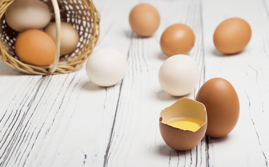 Chicken eggs. A useful product is a lot of calcium and protein. Ecological eggs on a white wooden table.