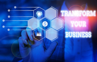 Handwriting text writing Transform Your Business. Conceptual photo Modify energy on innovation and sustainable growth Woman wear formal work suit presenting presentation using smart device