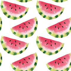 Watercolor seamless pattern with bright watermelons on white background. Hand drawn summer illustration. Perfect for textile, wrapping paper, packing