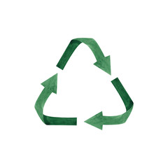 Watercolor recycling sign isolated on white background. Hand drawn reuse symbol for ecological design. Zero waste lifestyle. 