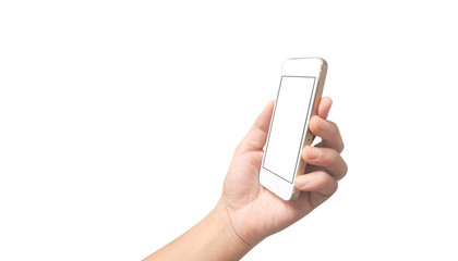 Obraz na płótnie Canvas Man hand holding smartphone device touching screen