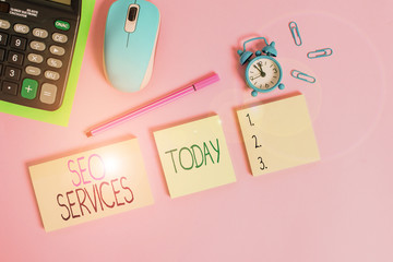 Conceptual hand writing showing Seo Services. Concept meaning suite of techniques and procedures to...