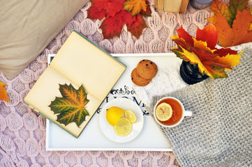 old book with autumn leaves and hot tea