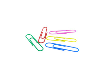 Series of colorful paper clips isolated on a white background. Decorative paper clips in pink, yellow, green, red and blue colors