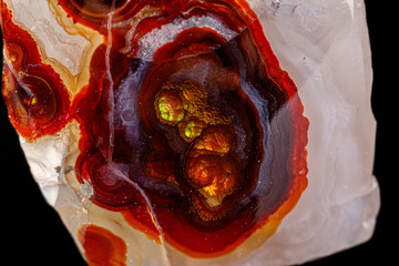 macro mineral stone fire agate on a black background