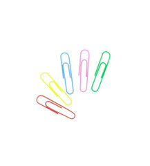 Series of colorful paper clips isolated on a white background. Decorative paper clips in pink, yellow, green, red and blue colors