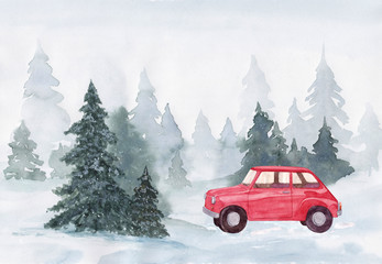 Watercolor hand drawn christmas illustration with red car in winter forest on a snowy day, card with space for text.