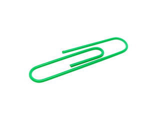 Single green paper clip on a white background. One paper clip image