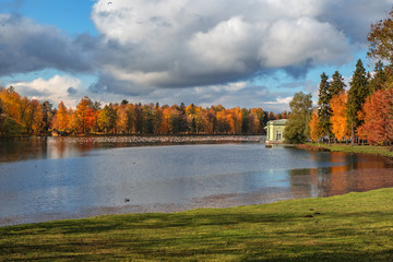 Fototapeta premium Bright autumn landscape with a lake in the Park. Gatchina. Russia.