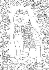 Coloring cat and autumn leaves, a cat in a scarf surrounded by falling leaves, coloring for adults and children