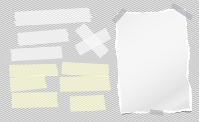 Torn white note, notebook paper piece withsticky tape on squared grey background. Vector illustration