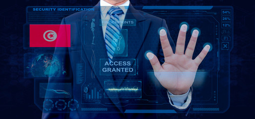 Finger Print Biometric Scanning Identification System. Businessman scan fingerprint biometric identity and approval. Tunisia Nationality