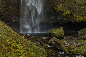 Fototapeta premium Lower part of the first level of the Multnomah waterfall located at Multnomah Creek in the Columbia River Gorge