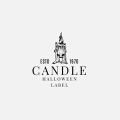 Premium Quality Halloween Logo or Label Template. Hand Drawn Candle with Evil Face Sketch Symbol and Retro Typography.