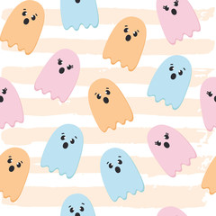 Halloween Seamless Pattern of Flying Ghosts. Cute Nursery room wallpaper, kids card. Pastel colors scared Cartoon character isolated on brush background. Printable flat style