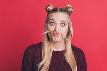 Closeup photo of pretty lady making false moustache with long curl funny facial expression wear...