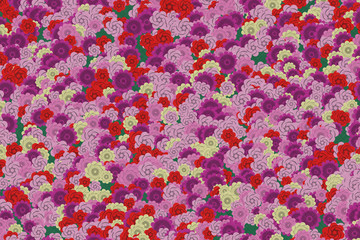 Traditional Japanese origami paper texture. Colorful flowers pattern. Roses and chrysanthemums background illustration