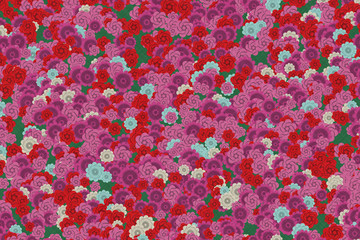 Traditional Japanese origami paper texture. Colorful flowers pattern. Roses and chrysanthemums background illustration