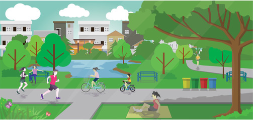 Women and men jogging with mother and son ride a bike on the streets.And girl sit on a picnic cloth. In the park there is a pool. And with the city scene in the background.