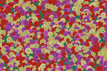 Traditional Japanese origami paper texture. Colorful flowers pattern. Roses and chrysanthemums background illustration