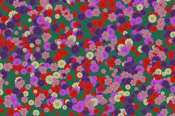 Traditional Japanese origami paper texture. Colorful flowers pattern. Roses and chrysanthemums background illustration