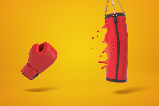 3d rendering of red boxing glove and red punch bag hit with such force that the red material of its shell is deforming like melted.