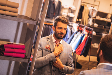 Elegant look. Handsome man in suit adjusting his tie while standing in front of the mirror. Styles,...