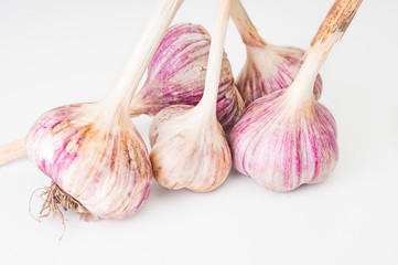 Garlic bulbs close up on white background