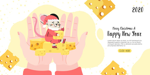 Merry Christmas and happy new year banner, flyer, landing page with a rat symbol of the next year, sitting in human arms and holding cheese. Creative cute christmas party greeting or invitation.