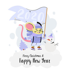Merry Christmas and happy new year post card or print with a rat symbol of the next year with a snowman holding a flag with 2020 numbers of the next year on a snowy background.