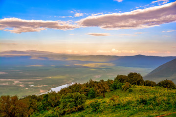sunset over ngorongoro crater - obrazy, fototapety, plakaty